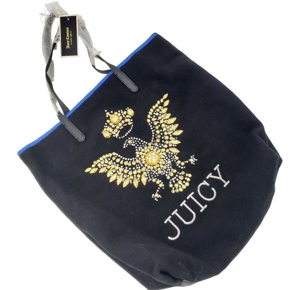 Juicy Couture Handbags - NEW Juicy Couture Eagle Wool Black Blue Gold Women's Bag Purse Handbag Tote NWT